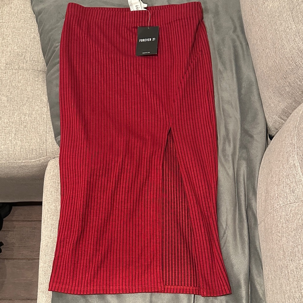Forever 21 Red Ribbed Midi Skirt with Side Slit